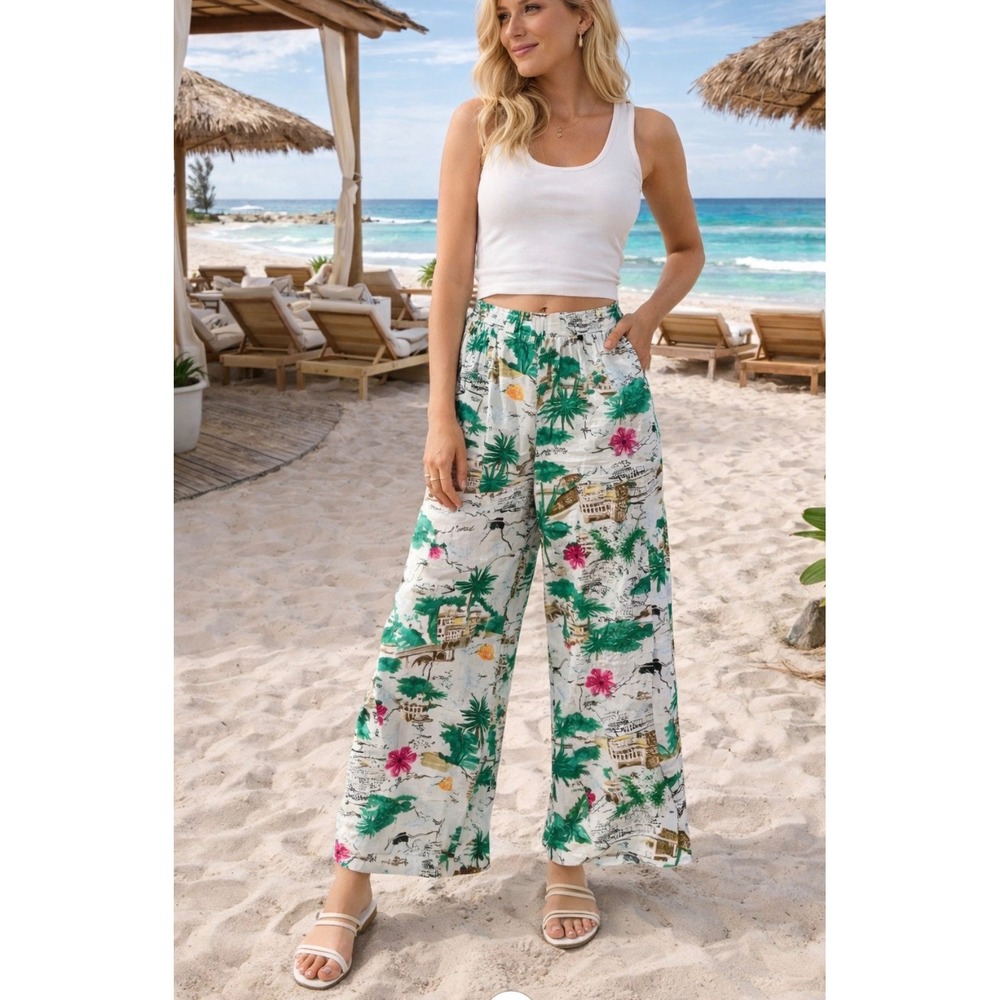Cynthia Rowley‎ Woman's Lg  Linen Wide Leg Pants Tropical  Resort Summer Vacay